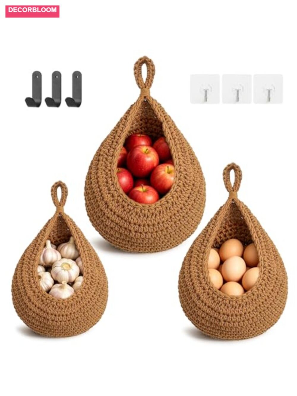 Boho Hanging Fruit Baskets 3 Pack Cotton Rope Wall Mount Storage